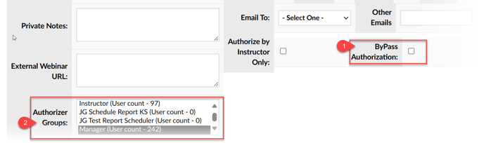 Image of Learning Object instance settings page with ByPass Authorization setting and Authorizer groups setting highlighted.