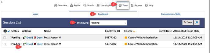 Image of Pending course enrollments via the manager Team tab. The Team tab, Enrollment tab, Pending course selection dropdown and list of pending enrollments are highlighted with the numbers 1, 2, 3 and 4.  