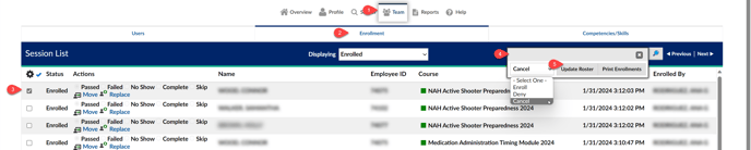 screenshot of the teams tab illustrating the steps for cancelling an enrollment