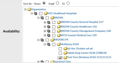 Selectors section – Availability (Organization Tree) selector EXPANDED – With specific divisions selected
