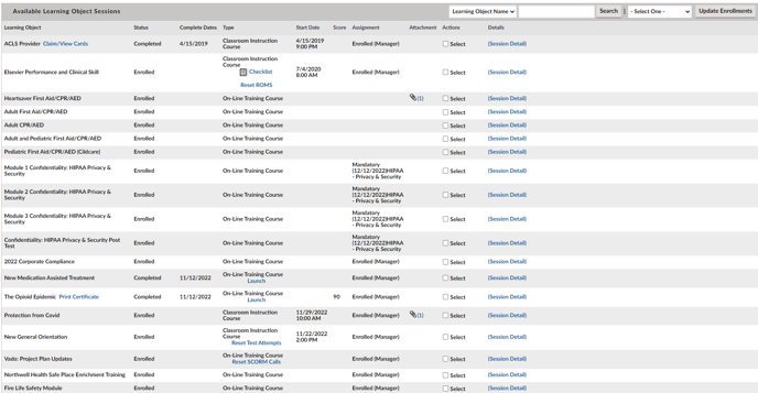 Example listing of a user's Available Learning Object Sessions.