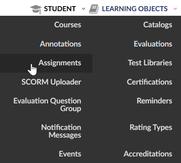 Advanced View > Learning Objects > Assignments drop down menu highlighted