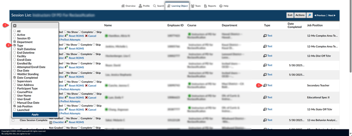 Screenshot of roster with the Type column visible with Test link